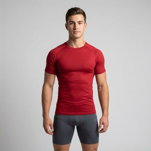 T-shirt de compression rouge à manches courtes pour homme, coupe ajustée, séchage rapide, col rond, tricoté, haut de performance athlétique - Product Image 1