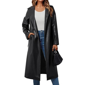 Ladies Vintage Long Style Belt Design Fish Leather Trench Coat with Fox Windproof Wholesale Custom Women Coat - Product Image 1