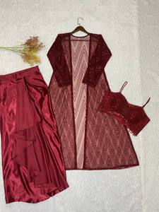 Factory Price OEM Premium Wine <b>Red</b> Indo Western Outfit Traditional Modern Fusion Ready to Wear Draped Skirt Shrug Wholesale Bulk - Product Image 3
