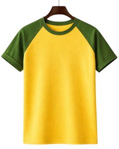 Men Raglan Jersey T Shirt Cotton Crew Neck Short Sleeve <b>Yellow</b> Green Two Tone Casual Summer Tee Plain Dyed Knit Custom Logo - Product Image 1