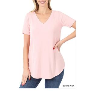 เสื้อยืดคอกลมแขนสั้นคอวีสำหรับผู้หญิงขนาดใหญ่พิเศษเสื้อยืดคอกลมเฮมสีทึบปรับแต่งได้ - Product Image 1