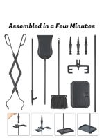 Ensemble de 5 outils de cheminée gothiques en fer forgé noir pour foyer intérieur/extérieur avec pioche, pinces, pelle, brosse et support