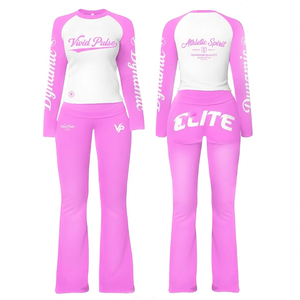 Women Premium 180 GSM Polyester Spandex Pink <b>White</b> Raglan Panel T Shirt Pant <b>Set</b> Sublimation Custom Logo Women's <b>Sets</b> - Product Image 1