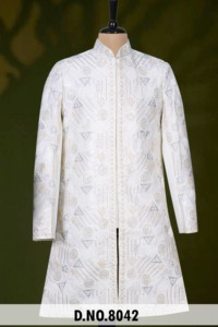 Prism Indo Western para Hombre, Traje de Novio, Sherwani de Seda Vergo Color Marfil con Cuentas, Lentejuelas y Diseño Geométrico - Product Image 1