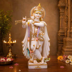 Marble Krishna Statue | White Marble Flute Playing Lord Krishna Murti with Peacock | Handcrafted Marble Idol | MALIYAS India - Product Image 1