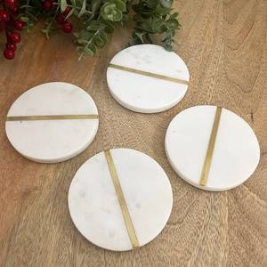 Ensemble de sous-verres en marbre blanc, sous-verres ronds en pierre avec incrustation métallique, 4,5 pouces - Product Image 1