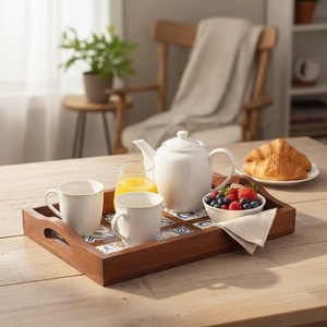 Bandeja de Servir de Madera Hecha a Mano con Incrustaciones de Azulejos de Cerámica Azul, Bandeja Decorativa para Té y Café - Product Image 2