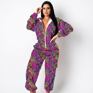 Mono informal de mujer con estampado floral, manga larga, cuello en V, cierre de cremallera, con bolsillos laterales, transpirable, de poliéster, para primavera - Product Image 2