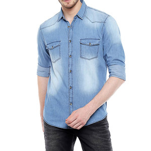 Chemises en jean pour hommes à manches longues, douces, 100 % coton, double poche, coupe ajustée, boutons corne, style cowboy formel, hauts bleus élastiques - Product Image 4