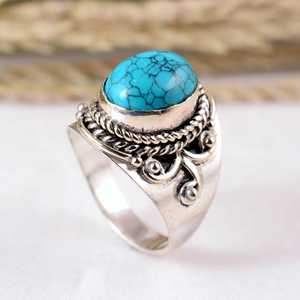 Anillo de Boda de Plata de Ley 925 con Turquesa Azul en Engaste de Bisel, Hecho a Mano, Estilo Antiguo, Vintage, Bohemio, Texturizado y Oxidado - Product Image 4