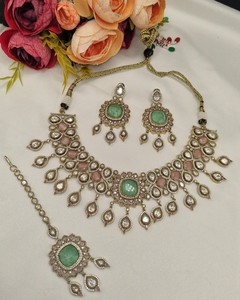 Traditional Wedding Choker <b>Jewelry</b> Set Antique Gold Polish <b>Kundan</b> Stone Necklace Set with Matching Earrings MaangTika Collection - Product Image 1
