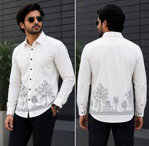 Chemise pour homme en lin de qualité supérieure, brodée, à manches longues, coupe classique, col ouvert, fermeture boutonnée, élégante, décontractée, vêtement de mode - Product Image 6