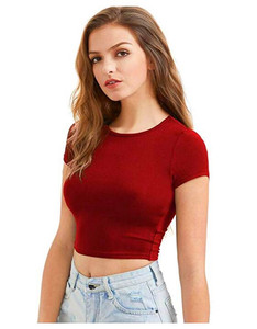 Crop top rouge pour femme, manches courtes, col rond, couleur unie, mélange de coton et de spandex, respirant, séchage rapide, sans couture, ajusté, pour le yoga - Product Image 5