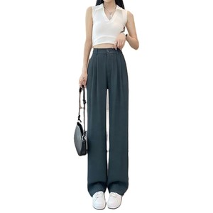 High <b>Waist</b> Pleated Satin Straight Pants Women Loose Ankle-Length Solid Color Button Fly Casual Summer <b>Trousers</b> Green - Product Image 5