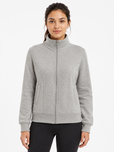 Veste Sweat-shirt Premium pour Femme en Polyester Gris Uni, Entièrement Zippée, Doublure Polaire Légère, Col Montant Décontracté - Product Image 1