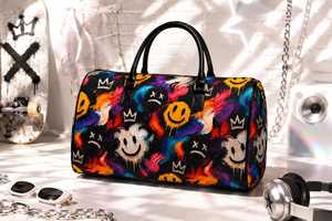 Sac de voyage en PU avec fermeture éclair, imprimé visage souriant coloré, grande capacité, sac de week-end - Product Image 3