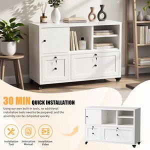 Archivador Metálico Blanco de 2 Cajones con Cerradura, Almacenamiento Lateral con Ruedas para Oficina en Casa, Kit Antivuelco Incluido - Product Image 5