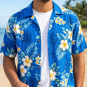 Camisa Hawaiana Azul con Estampado Floral, Tejida en 100% Poliéster Transpirable, con Logotipo Frontal, Manga Corta, Abotonada, Informal, para el Verano, Estilo Isleño - Product Image 5