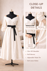 Elegante Vestido Midi de Lino y Algodón Blanco con Hombros Descubiertos para Mujer, Vestidos de Fiesta con Mangas Abullonadas y Fluídas, con Cinturón Negro en la Cintura - Product Image 5