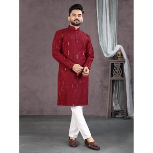 CRÉATEUR COTON MIROIR TRAVAIL PRÊT À PORTER HOMME KURTA AVEC PYJAMA MARRON - Product Image 1