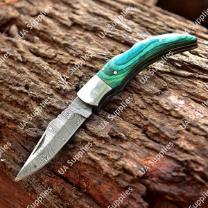 Cuchillo de bolsillo plegable de acero de Damasco hecho a mano, mango de madera Pakka, hoja de punta caída, cuchillo de supervivencia, ODM OEM, personalizable, con funda de cuero - Product Image 2