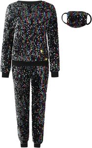 Ensemble 2 pièces de qualité supérieure, à sequins, manches longues, col rond, coupe ample, pantalon longueur cheville avec imprimé pailleté, polyester, tenue de club sexy - Product Image 4