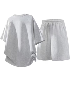 Men Gray Blue Solid Crew Neck T-Shirt Set Polyester/Cotton Knitted 180g Breathable Casual Summer Shorts Outfit - Product Image 2