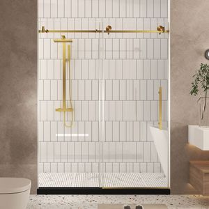 Porta Doccia Senza Telaio 60'' L x 76'' A in Vetro Temperato con Pellicola Antiesplosione, Maniglia in Acciaio Inox Spazzolato Oro, Trasparente 1/4'' (6mm) - Product Image 1