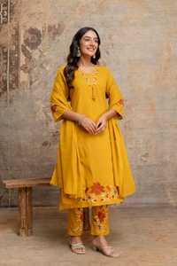 Ensemble Kurta en coton brodé couleur moutarde pour femme avec pantalon et dupatta, longueur cheville, style traditionnel indien pakistanais, décontracté - Product Image 4
