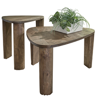 Ensemble de 2 tables basses pliantes ovales en bois de manguier massif, finition noyer, pour salon.