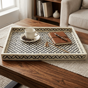 Rectangular Bone Inlay Ottoman <b>Tray</b> with Handles | <b>Large</b> Serving <b>Tray</b> for Coffee Table | Farmhouse Decor | Tea Cocktail <b>Tray</b> - Product Image 4