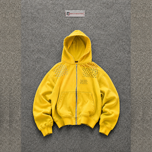 HIGH QUALITY Men's Yellow Hooded Zip-Up <b>Sweatshirt</b> Regular Fit Printed Dot Pattern Casual Autumn Wear FRONT POCKET <b>RETRO</b> Y2K AES - Product Image 5