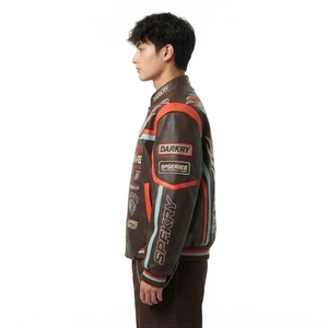Blouson en cuir Crimson Overdrive pour homme, marron foncé, avec motif flamme, style varsity, pour la course automobile et la moto - Product Image 4