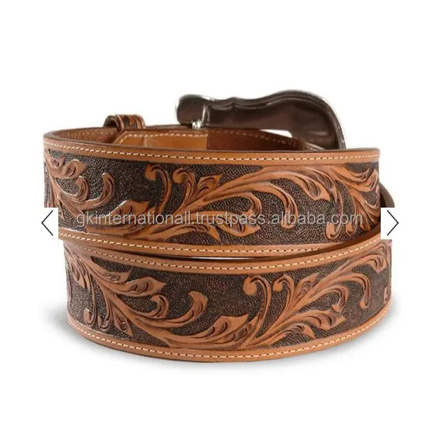 Mens Retro Western Cowboy Leather Amethyst Belt tooled Belt with durable brass hardware