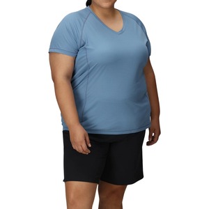 Nouveau T-shirt décontracté pour femme grande taille, col en V, manches courtes, bleu uni, séchage rapide, en polyester tricoté, coupe classique - Product Image 2