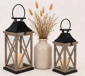 <b>Set</b> of 2 Whitewash Wood <b>Lanterns</b> Farmhouse Decorative Candle Holders for Indoor Outdoor Home Decor Vintage Patio Accents - Product Image 2