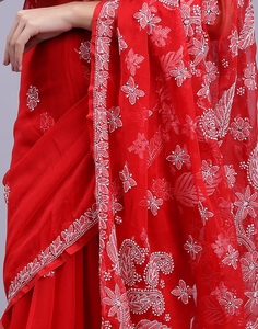 KV Hand Embroidered Lucknowi Chikankari <b>Red</b> Georgette Saree With Unstitched <b>Blouse</b> - Product Image 6