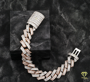 Luxury Statement Fishbone Moissanite Bracelet with Rose Gold Accents and Fully <b>Iced</b> <b>Out</b> Baguette Stone Setting - Product Image 3