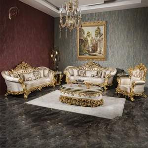 Juego de Sofás Seccionales en Forma de L de Madera Tallada para Hotel de Lujo, Acabado en Oro Antiguo, Estilo Europeo Tradicional, Ecológico y Duradero - Product Image 1