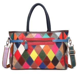 Ando <b>Bag</b> Genuine Cowhide Leather Tote <b>Bag</b> Women Diamond <b>Patchwork</b> Top Handle Handbag with Shoulder Strap - Product Image 3