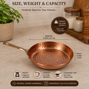 Pure Copper Hammered Fry <b>Pan</b> with Brass <b>Handle</b> | Traditional Indian Copper Skillet | Heavy Duty Frying <b>Pan</b> for Cooking | Premium - Product Image 5