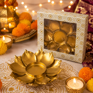 Porte-bougie en métal en forme de lotus avec boîte cadeau décorative |   Diya Fleur Dorée pour Diwali, Pooja, Décoration d'Intérieur et Cadeaux Festifs - Product Image 4