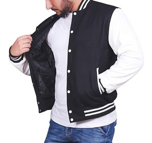 Men's Black White Varsity <b>Jacket</b> Regular Fit Turn-down Collar Button Closure <b>Fleece</b> <b>Lined</b> Casual Style Autumn Wear - Product Image 2