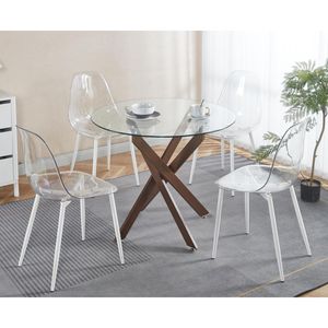 Tavolo da Pranzo Moderno Salvaspazio con Piano in Vetro Temperato Color Noce e Gambe Incrociate in Metallo per Cucina o Soggiorno - Product Image 2