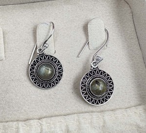 Boucles d'oreilles en labradorite naturelle, pierre ronde, plaqué argent 925, pierres précieuses, pour femmes - Product Image 4