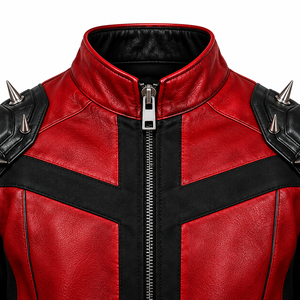Chaqueta Bomber de Cuero Genuino Roja y Negra para Hombre, Cuello Alto, con Tachuelas, Cierre de Cremallera, Ajustada, Transpirable, Ecológica, Informal, de Invierno - Product Image 3