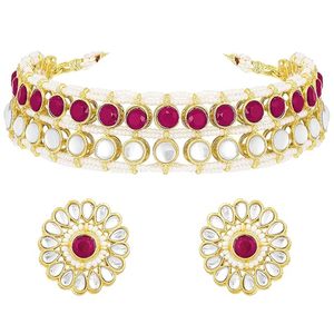 Parure de bijoux ethniques indiens pour femme, collier ras-du-cou et boucles d'oreilles longues, en laiton plaqué or, avec zircon et motif floral serti en canal, pour mariage - Product Image 1