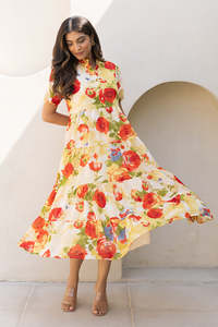 Robe midi à imprimé floral rose, col en V, coupe évasée, manches trois quarts, poches, coton respirant, robe d'été décontractée pour femmes - Product Image 3