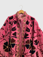 Veste en velours rose à manches longues, taille plus, broderie florale, col mandarin, vêtements d'automne pour femmes