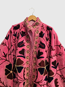 Veste en velours rose à manches longues, taille plus, broderie florale, col mandarin, vêtements d'automne pour femmes - Product Image 4
